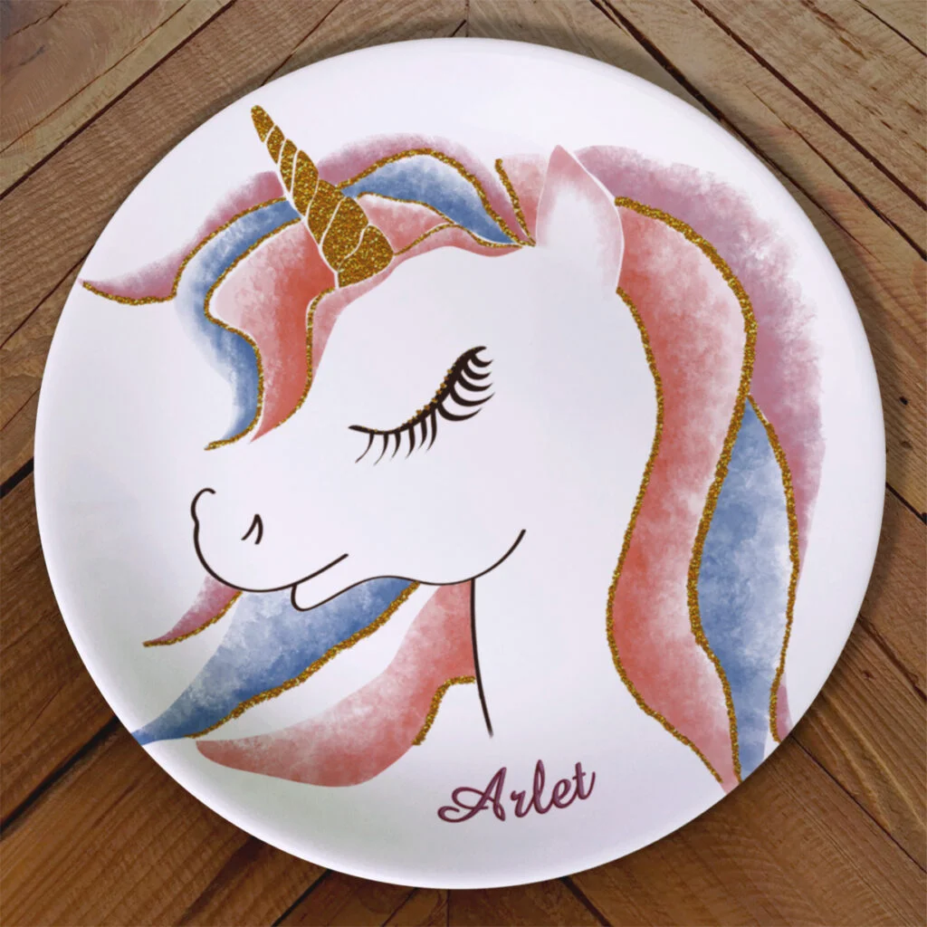 Regalo infantil Plato Unicornio Dorado. Porcelana Personalizada