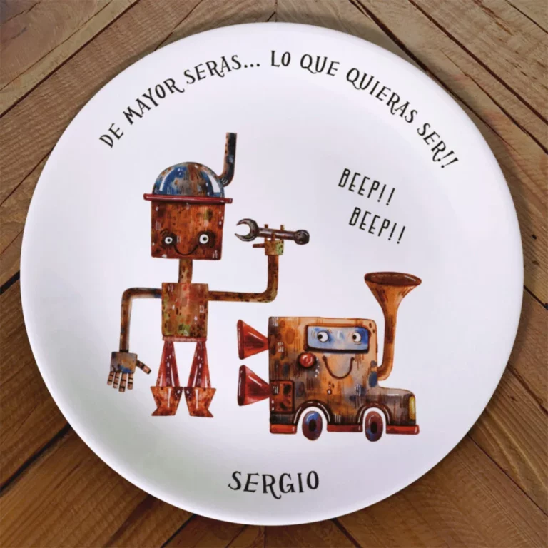 Plato infantil robots de carreras personalizado con nombre